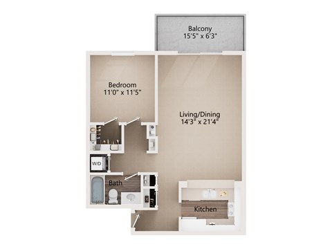 Floor plan for 1 bed, 1 bath, 753 sqft